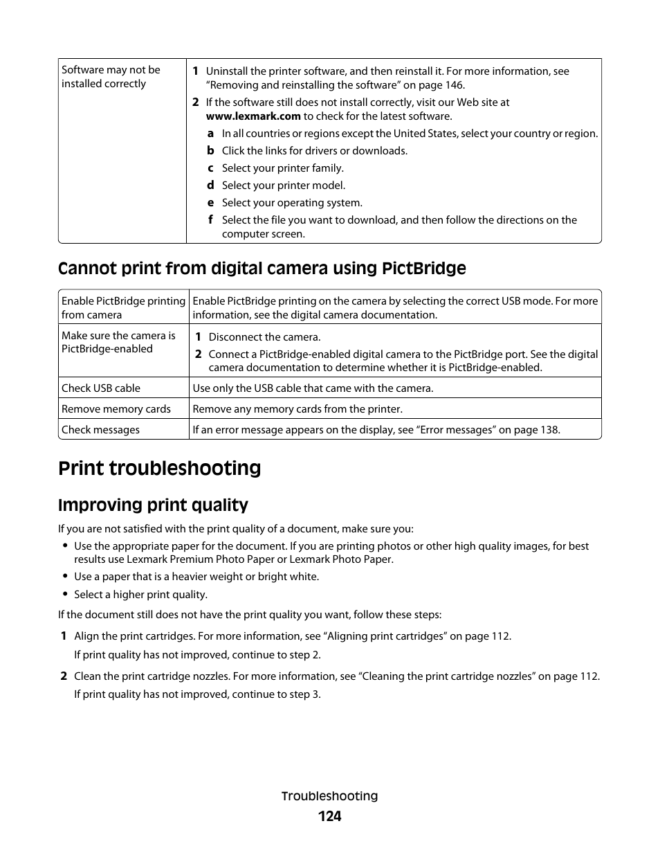 Cannot print from digital camera using pictbridge, Print troubleshooting, Improving print quality | Lexmark 5400 Series User Manual | Page 124 / 155