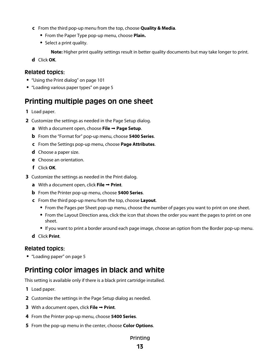 Printing color images in black and white, Printing multiple pages on one sheet | Lexmark 5400 Series User Manual | Page 13 / 155
