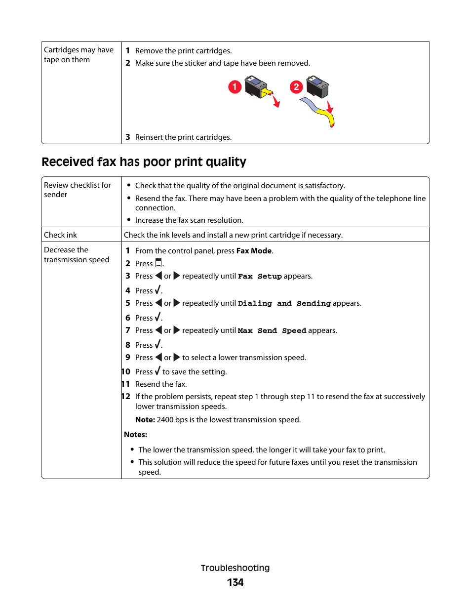 Received fax has poor print quality | Lexmark 5400 Series User Manual | Page 134 / 155