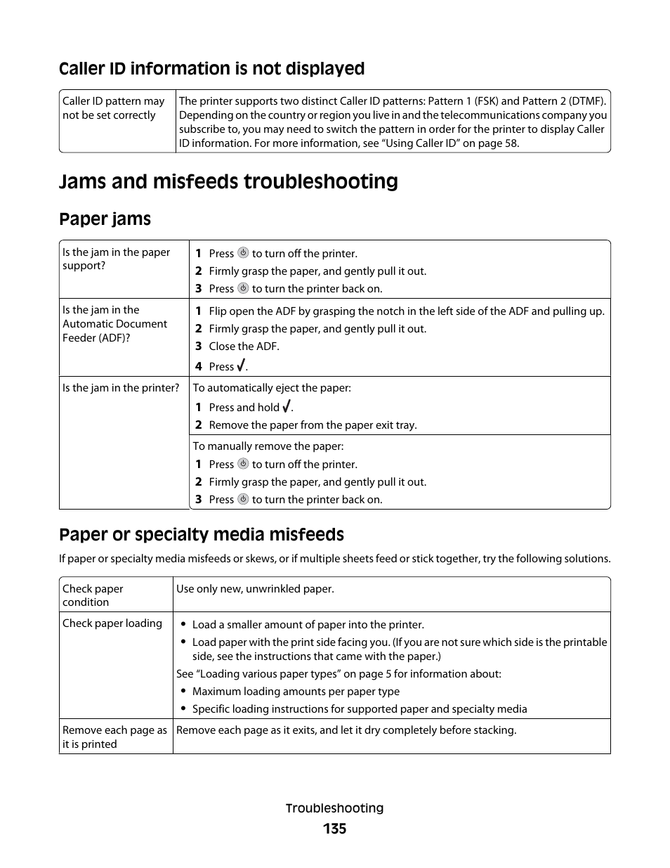 Caller id information is not displayed, Jams and misfeeds troubleshooting, Paper jams | Paper or specialty media misfeeds | Lexmark 5400 Series User Manual | Page 135 / 155