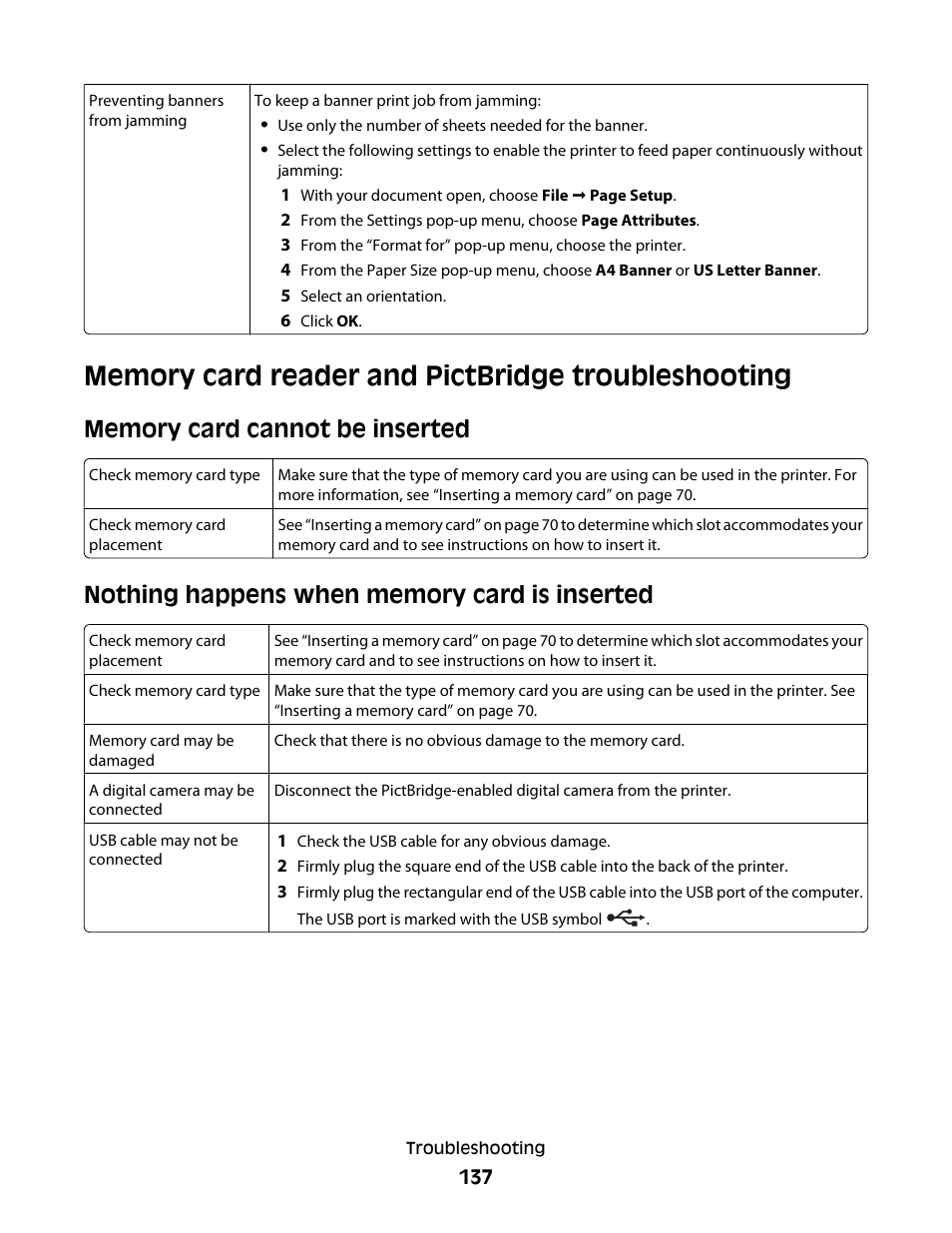 Memory card reader and pictbridge troubleshooting, Memory card cannot be inserted, Nothing happens when memory card is inserted | Lexmark 5400 Series User Manual | Page 137 / 155
