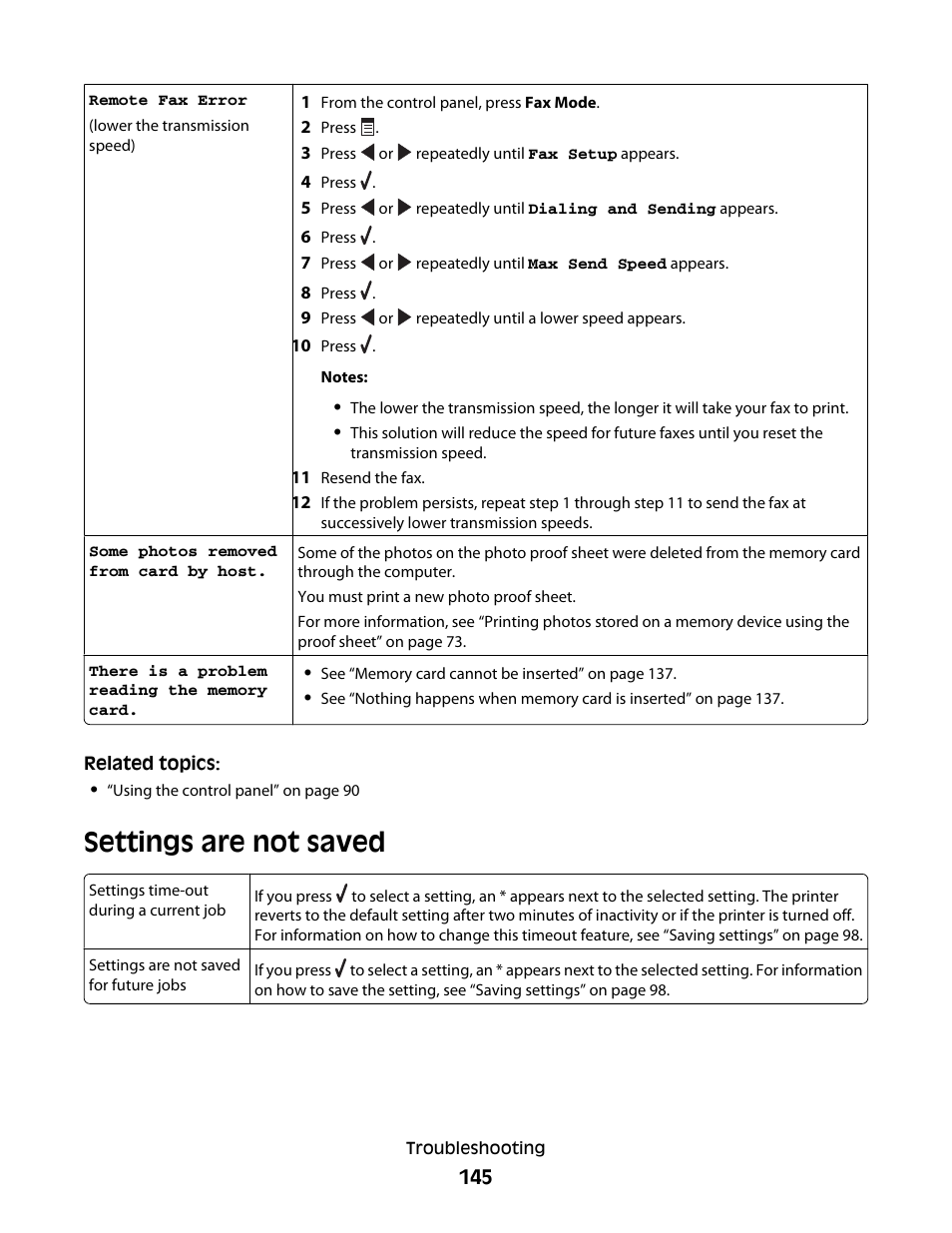 Settings are not saved | Lexmark 5400 Series User Manual | Page 145 / 155