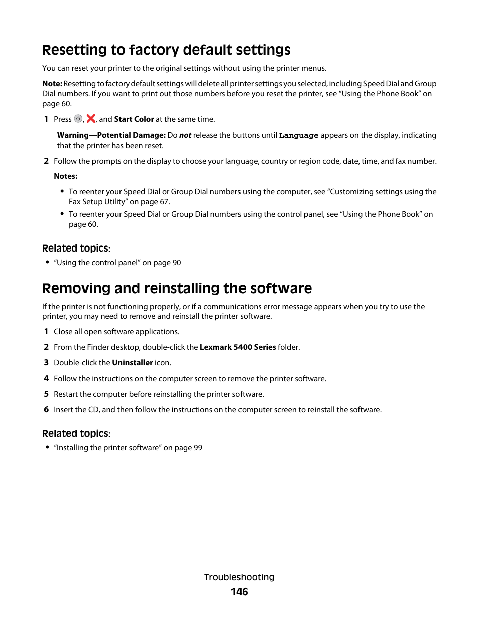 Resetting to factory default settings, Removing and reinstalling the software | Lexmark 5400 Series User Manual | Page 146 / 155