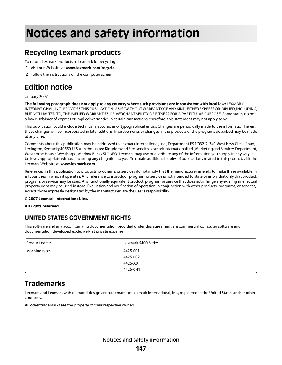 Notices and safety information, Recycling lexmark products, Edition notice | Trademarks | Lexmark 5400 Series User Manual | Page 147 / 155