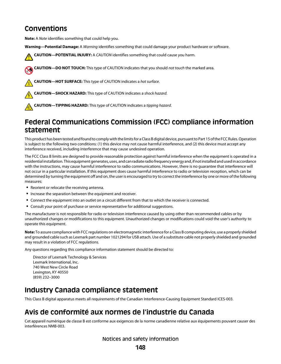 Conventions, Industry canada compliance statement | Lexmark 5400 Series User Manual | Page 148 / 155