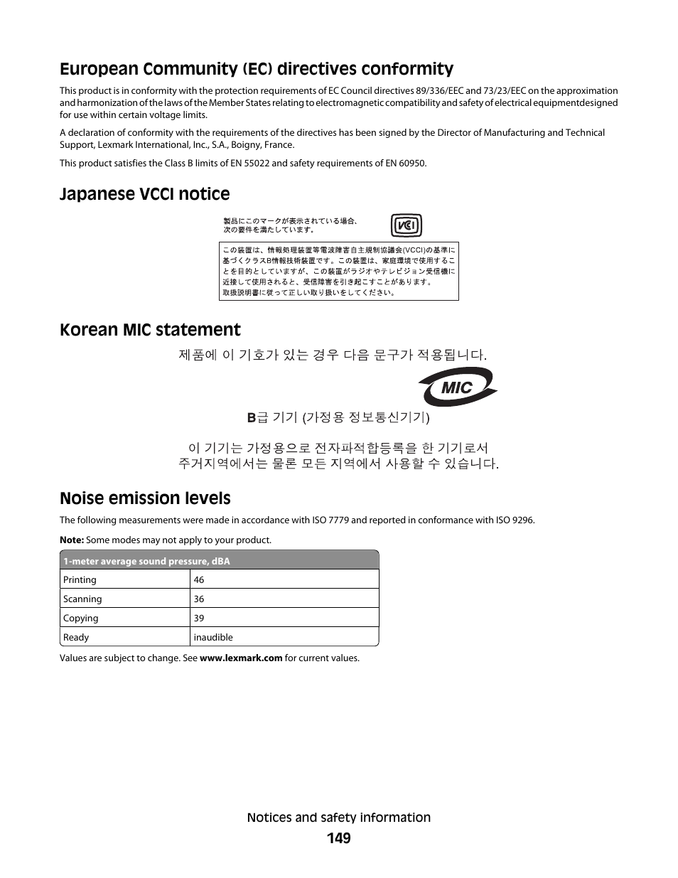 European community (ec) directives conformity, Japanese vcci notice, Korean mic statement | Noise emission levels | Lexmark 5400 Series User Manual | Page 149 / 155