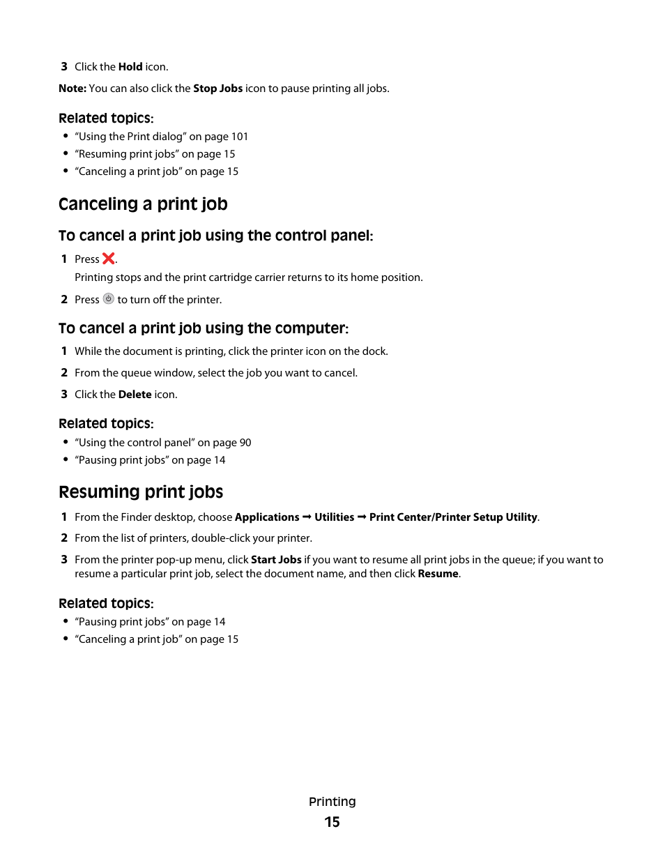 Canceling a print job, Resuming print jobs | Lexmark 5400 Series User Manual | Page 15 / 155