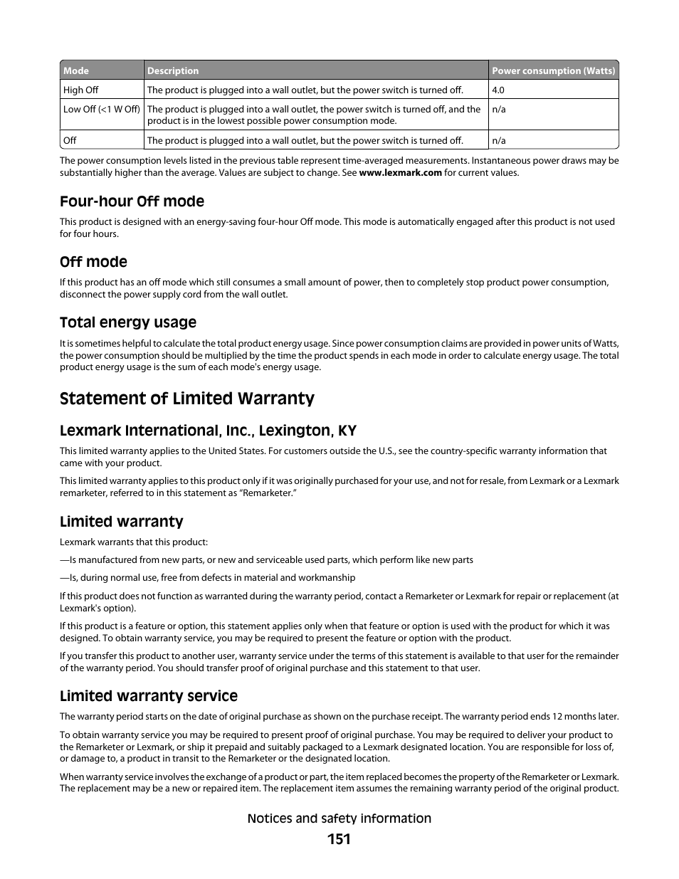 Four-hour off mode, Off mode, Total energy usage | Statement of limited warranty, Lexmark international, inc., lexington, ky, Limited warranty, Limited warranty service | Lexmark 5400 Series User Manual | Page 151 / 155