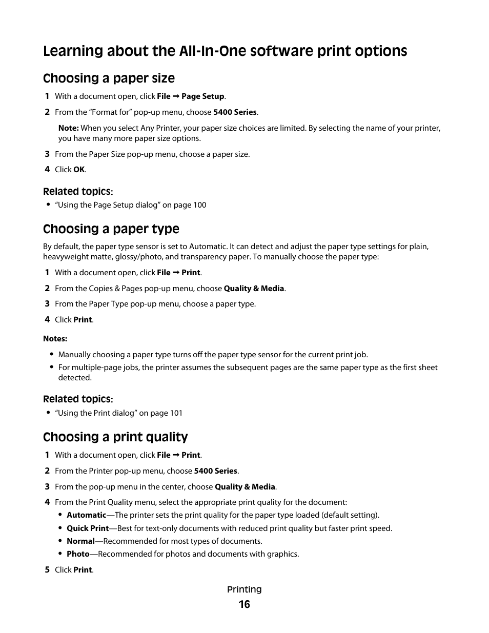 Choosing a paper size, Choosing a paper type, Choosing a print quality | Lexmark 5400 Series User Manual | Page 16 / 155