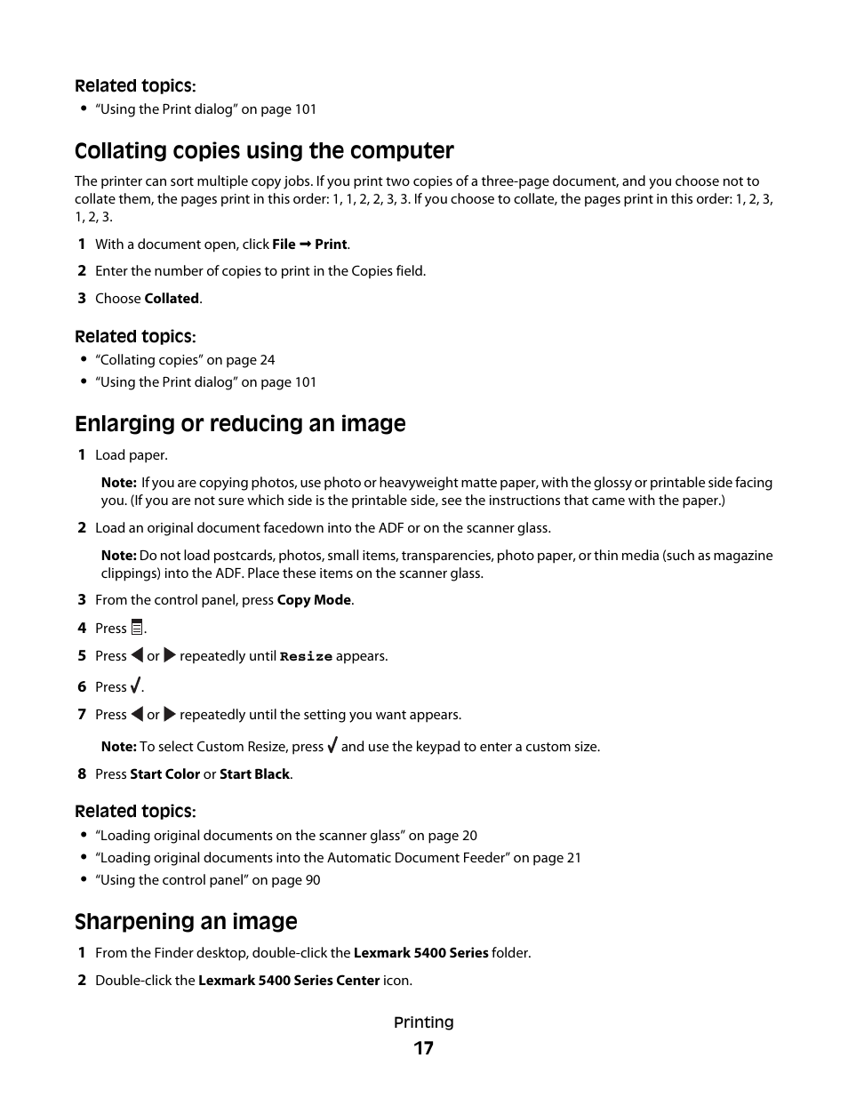 Collating copies using the computer, Enlarging or reducing an image, Sharpening an image | Lexmark 5400 Series User Manual | Page 17 / 155