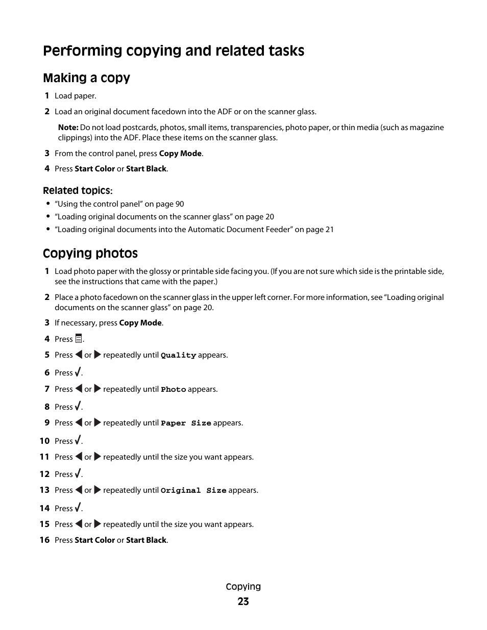 Performing copying and related tasks, Making a copy, Copying photos | Lexmark 5400 Series User Manual | Page 23 / 155