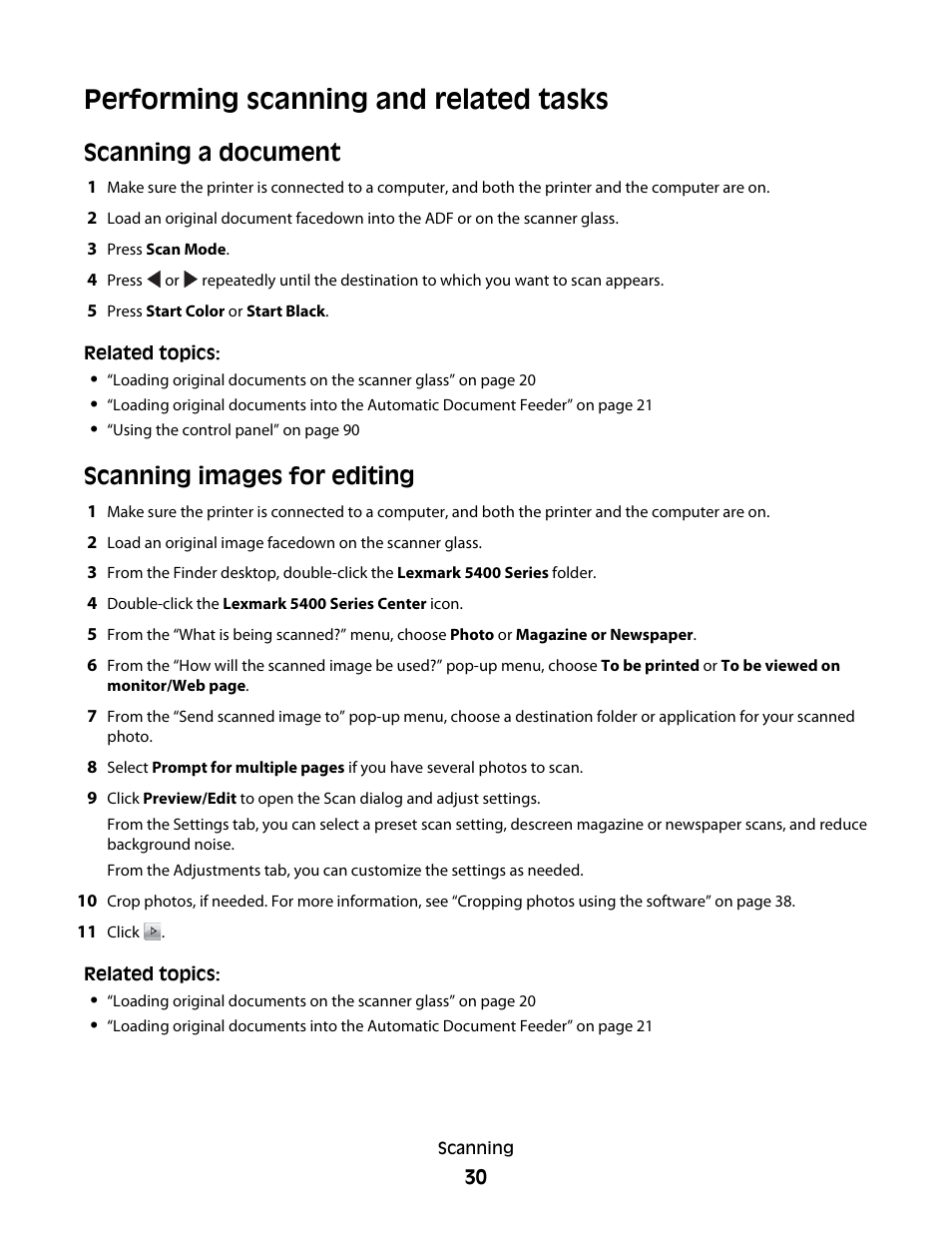 Performing scanning and related tasks, Scanning a document, Scanning images for editing | Lexmark 5400 Series User Manual | Page 30 / 155