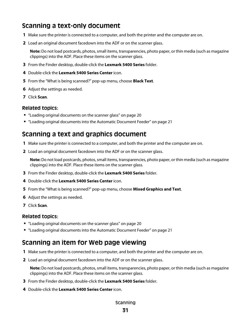 Scanning a text-only document, Scanning a text and graphics document, Scanning an item for web page viewing | Lexmark 5400 Series User Manual | Page 31 / 155