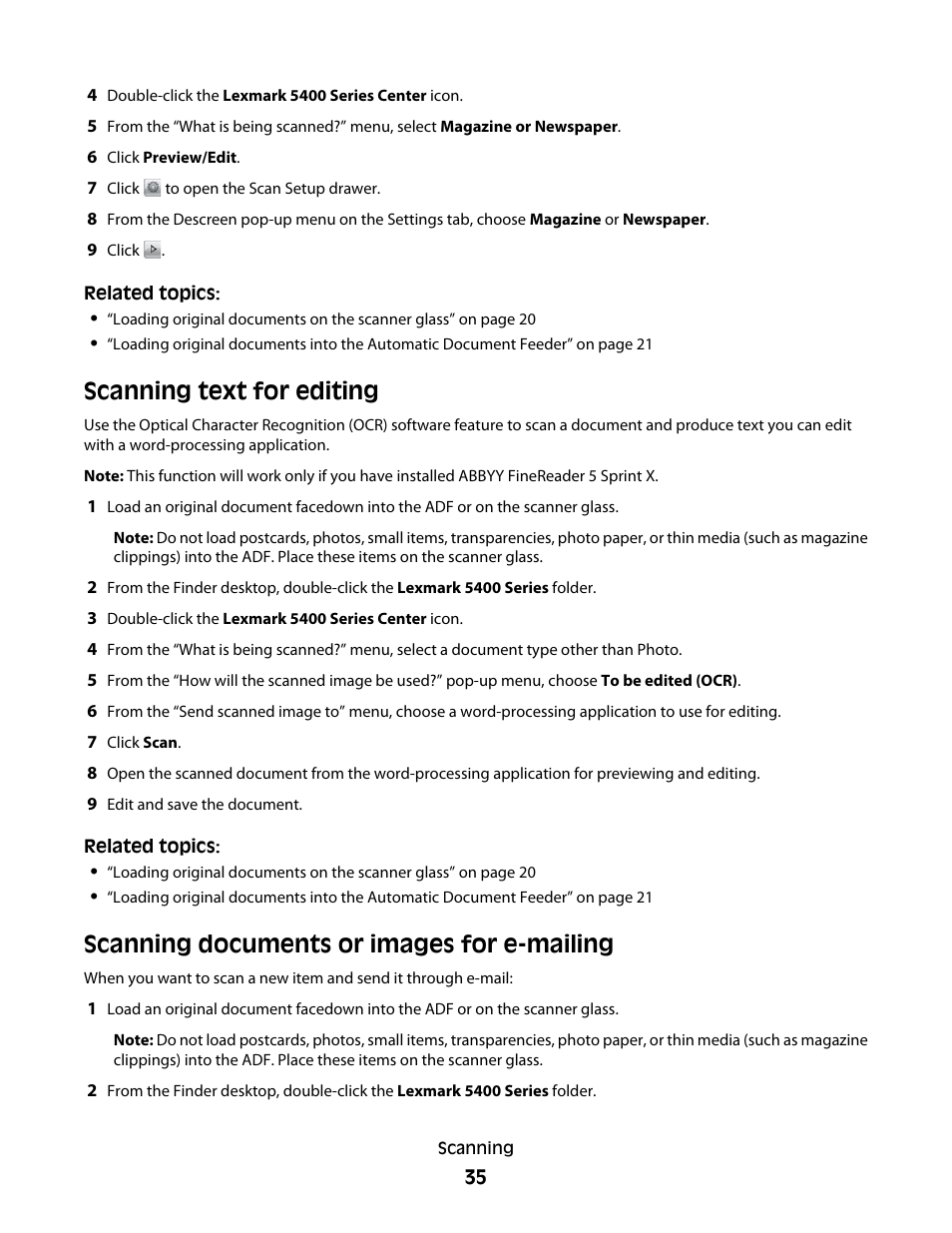 Scanning text for editing, Scanning documents or images for e-mailing | Lexmark 5400 Series User Manual | Page 35 / 155