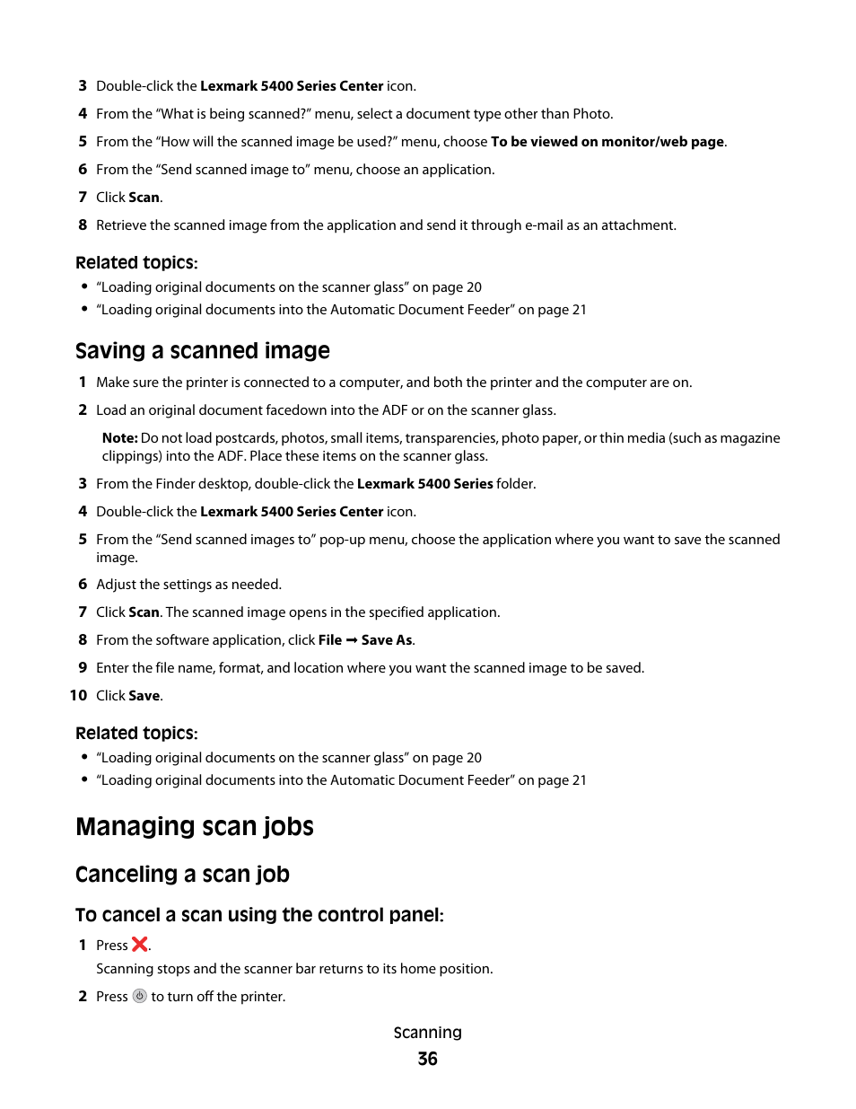 Saving a scanned image, Managing scan jobs, Canceling a scan job | Lexmark 5400 Series User Manual | Page 36 / 155