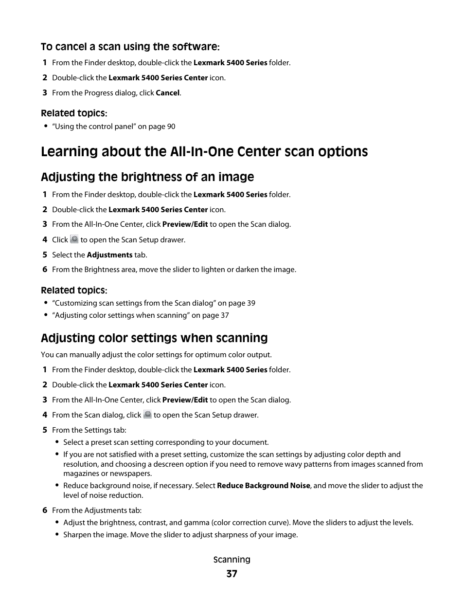 Learning about the all-in-one center scan options, Adjusting the brightness of an image, Adjusting color settings when scanning | Lexmark 5400 Series User Manual | Page 37 / 155