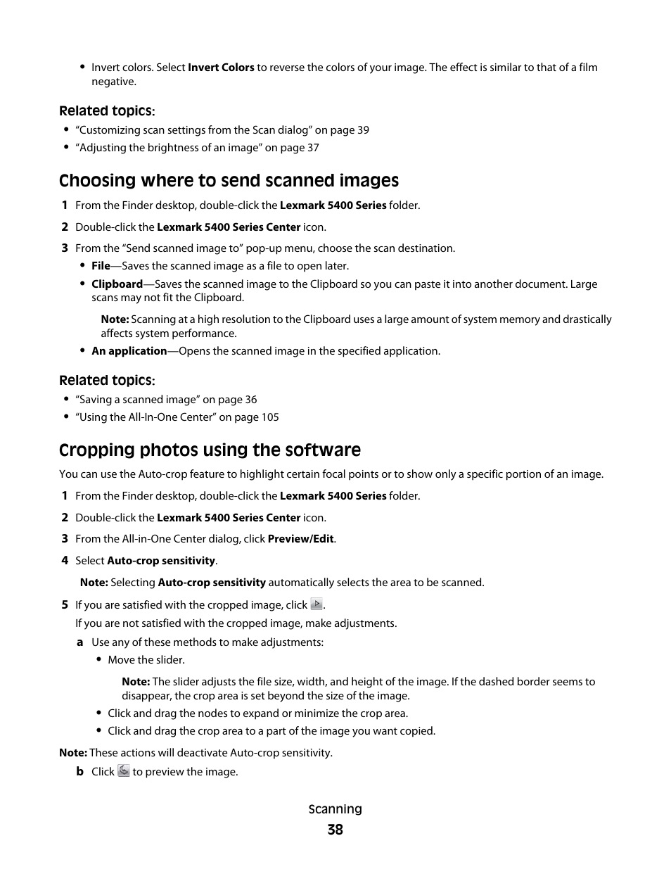 Choosing where to send scanned images, Cropping photos using the software | Lexmark 5400 Series User Manual | Page 38 / 155