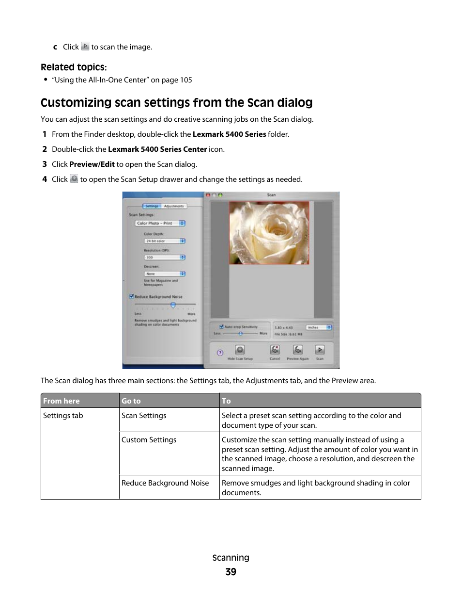 Customizing scan settings from the scan dialog | Lexmark 5400 Series User Manual | Page 39 / 155