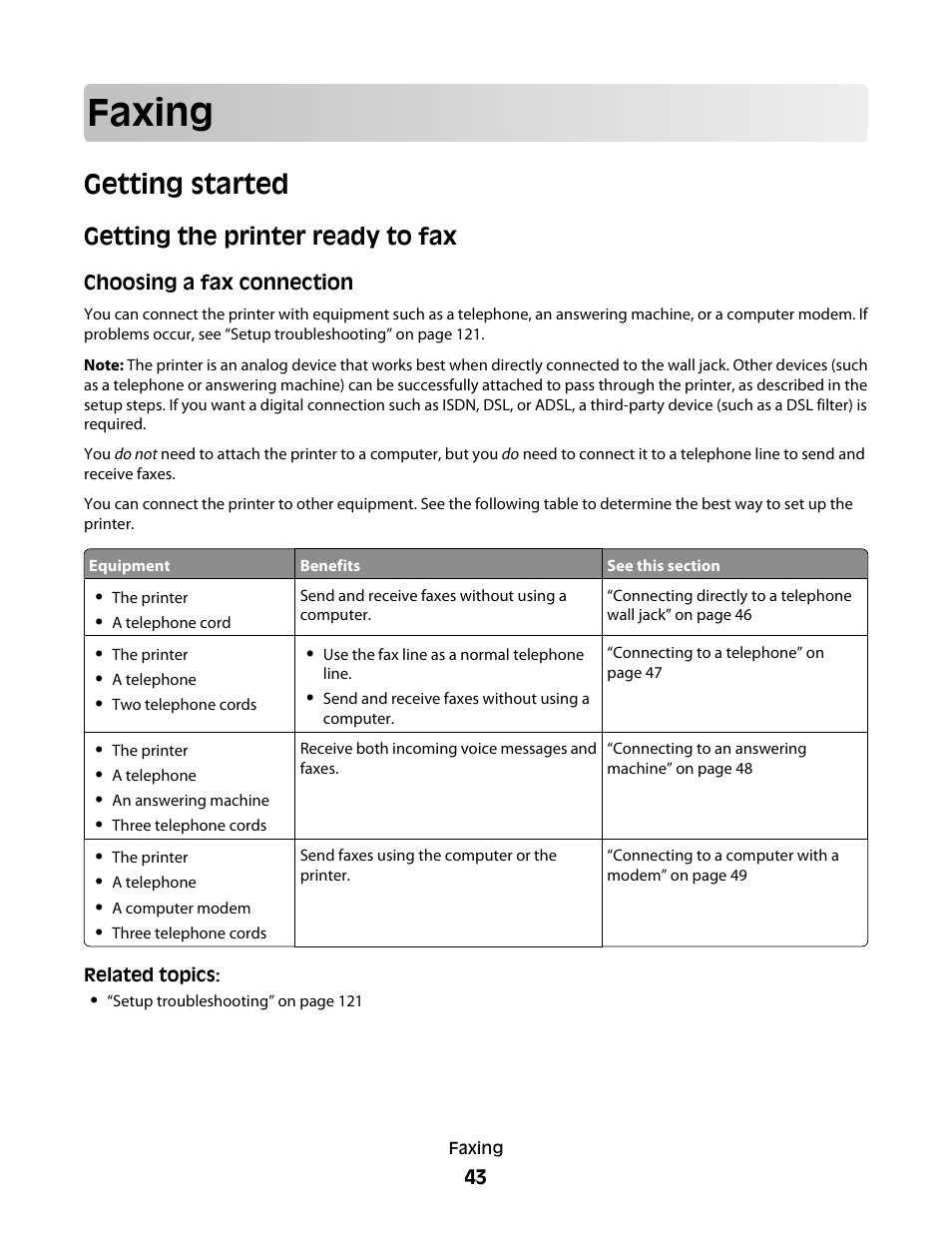 Faxing, Getting started, Getting the printer ready to fax | Lexmark 5400 Series User Manual | Page 43 / 155