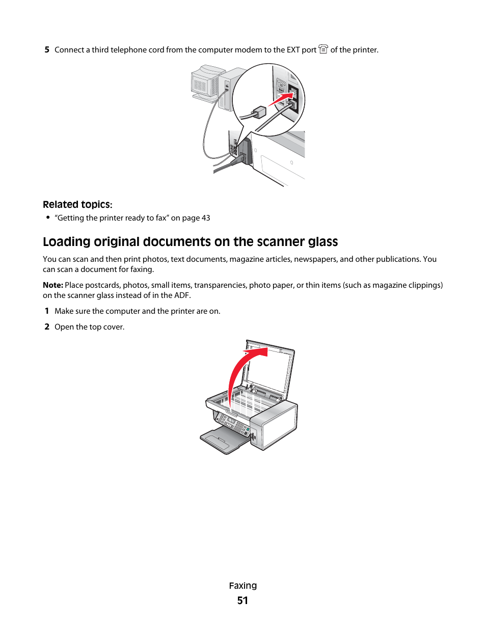 Loading original documents on the scanner glass | Lexmark 5400 Series User Manual | Page 51 / 155