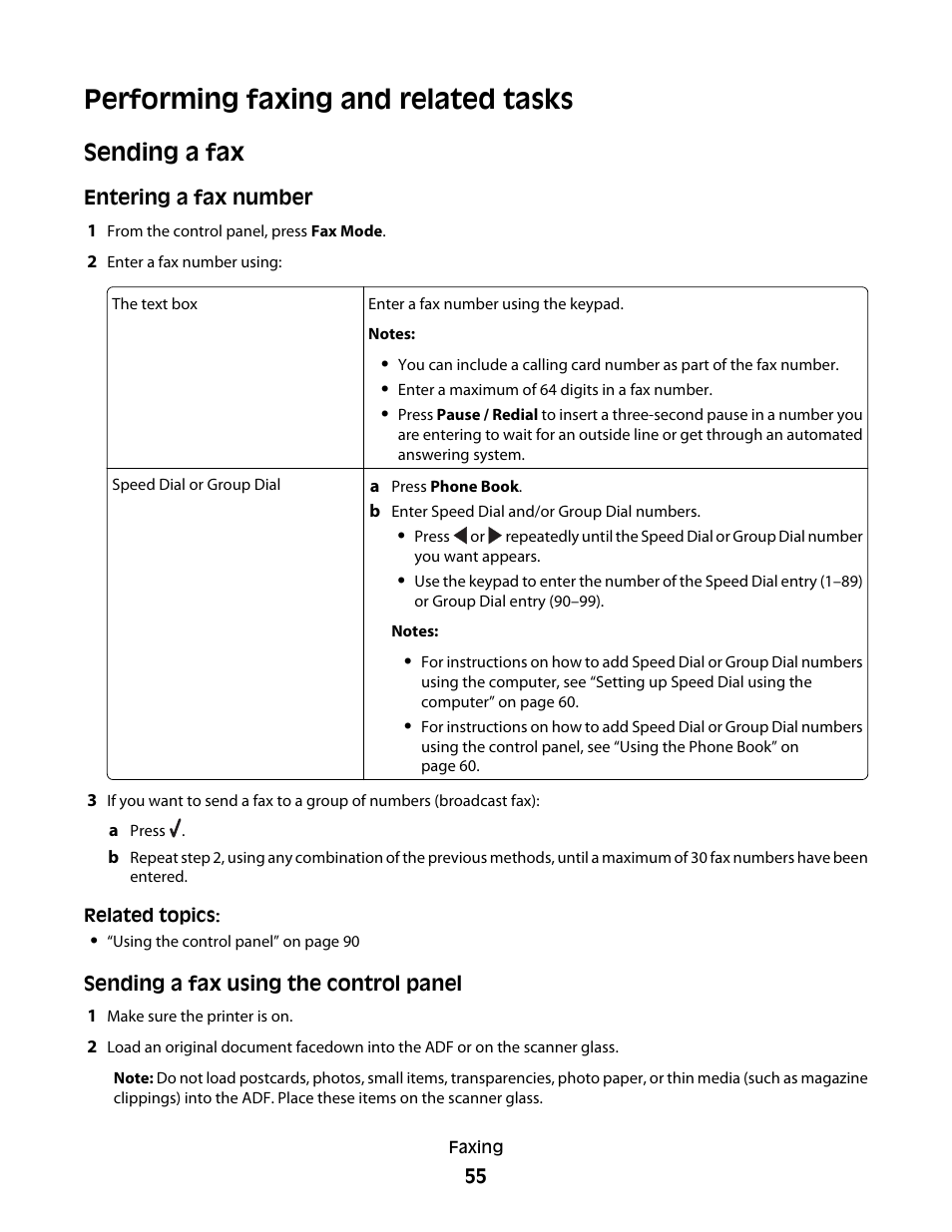 Performing faxing and related tasks, Sending a fax | Lexmark 5400 Series User Manual | Page 55 / 155