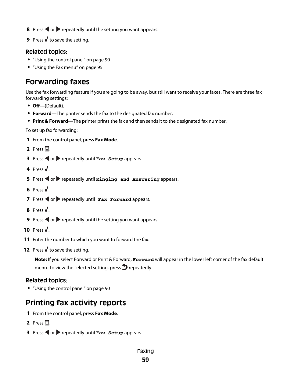 Forwarding faxes, Printing fax activity reports | Lexmark 5400 Series User Manual | Page 59 / 155