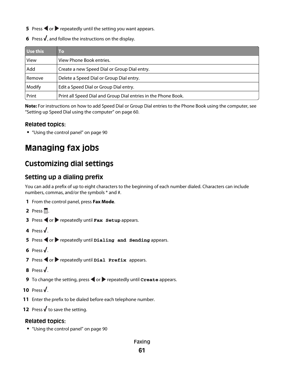 Managing fax jobs, Customizing dial settings | Lexmark 5400 Series User Manual | Page 61 / 155