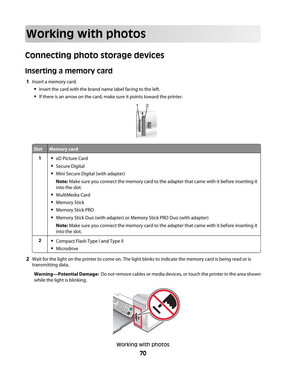 Working with photos, Connecting photo storage devices, Inserting a memory card | Lexmark 5400 Series User Manual | Page 70 / 155