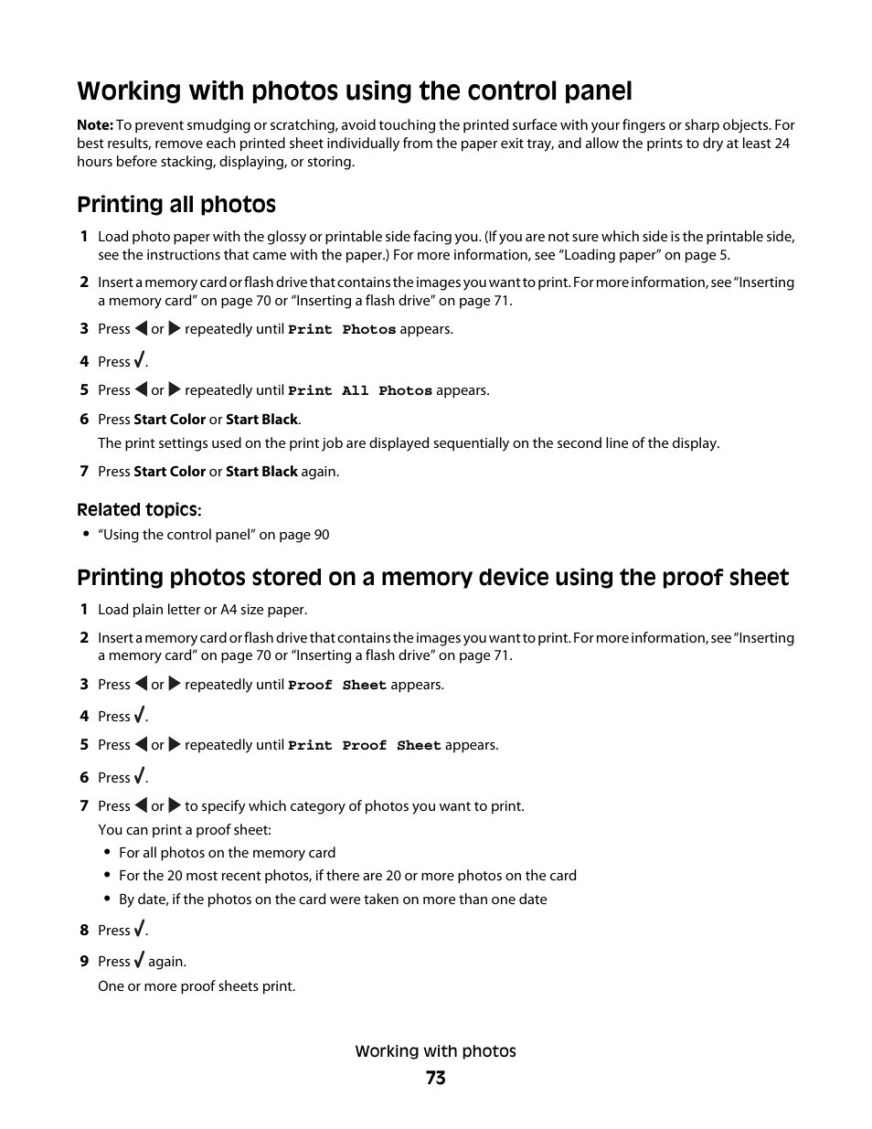 Working with photos using the control panel, Printing all photos | Lexmark 5400 Series User Manual | Page 73 / 155