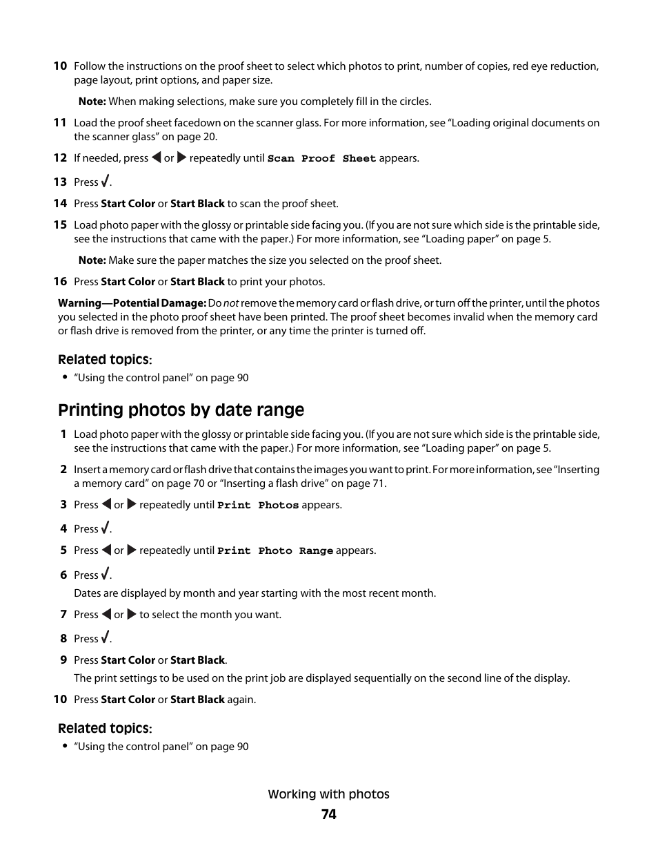 Printing photos by date range | Lexmark 5400 Series User Manual | Page 74 / 155