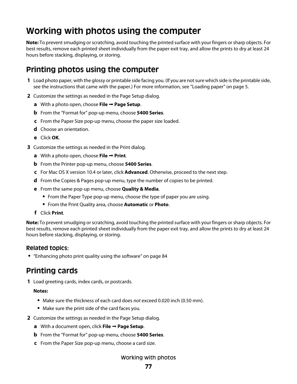 Working with photos using the computer, Printing photos using the computer, Printing cards | Lexmark 5400 Series User Manual | Page 77 / 155