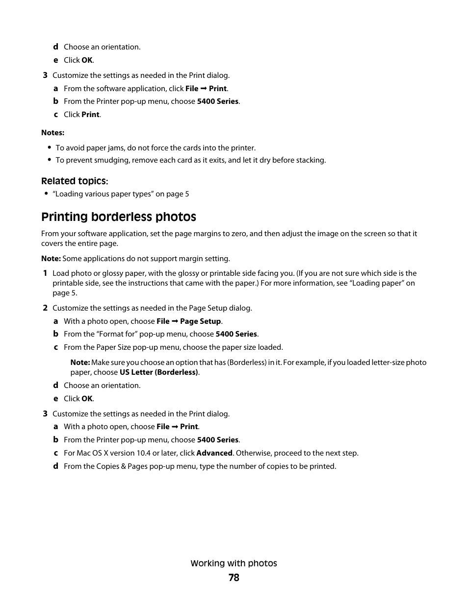 Printing borderless photos | Lexmark 5400 Series User Manual | Page 78 / 155