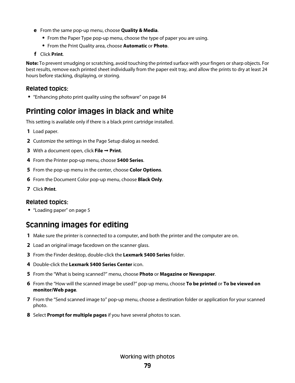 Printing color images in black and white, Scanning images for editing | Lexmark 5400 Series User Manual | Page 79 / 155