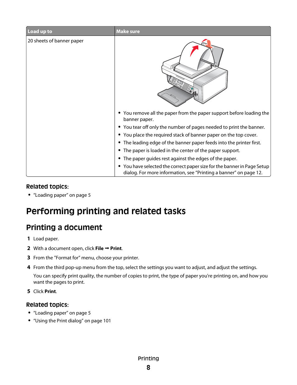 Performing printing and related tasks, Printing a document | Lexmark 5400 Series User Manual | Page 8 / 155