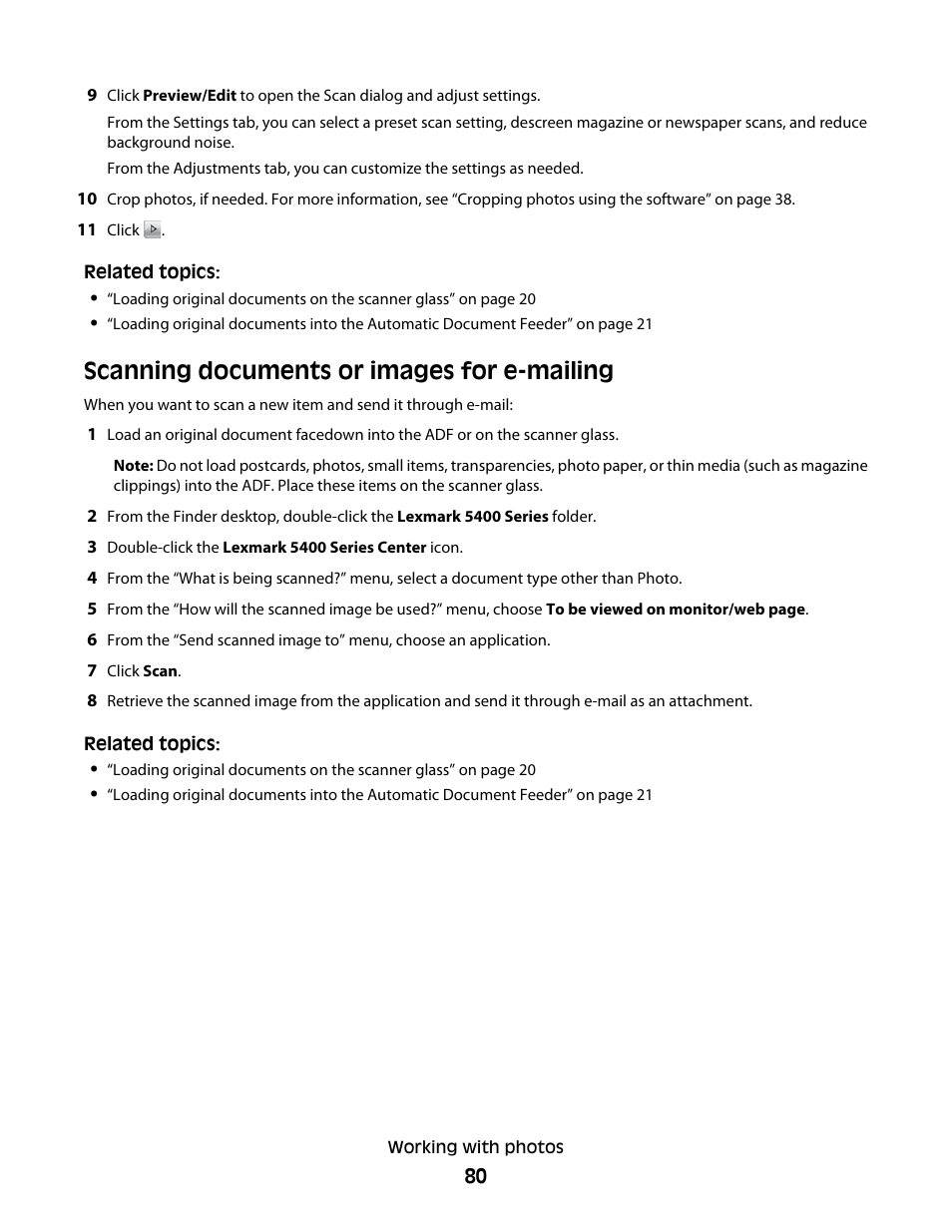 Scanning documents or images for e-mailing | Lexmark 5400 Series User Manual | Page 80 / 155