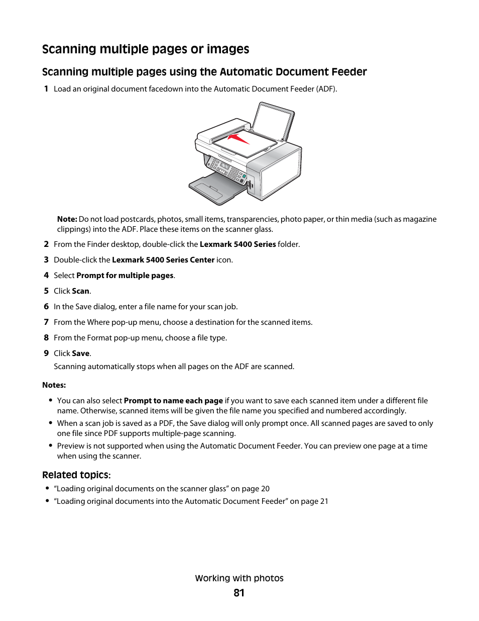 Scanning multiple pages or images | Lexmark 5400 Series User Manual | Page 81 / 155