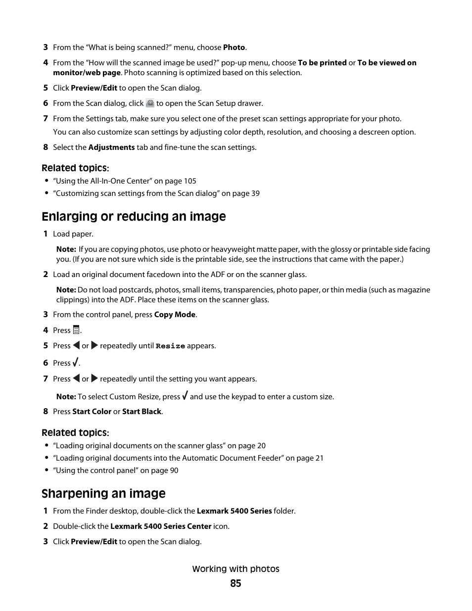 Enlarging or reducing an image, Sharpening an image | Lexmark 5400 Series User Manual | Page 85 / 155