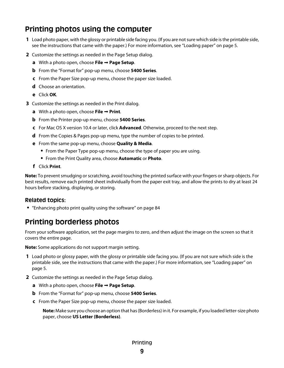 Printing photos using the computer, Printing borderless photos | Lexmark 5400 Series User Manual | Page 9 / 155