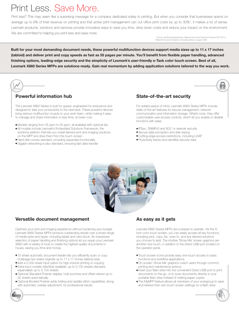 Print less. save more, Powerful information hub, State-of-the-art security | As easy as it gets, Versatile document management | Lexmark X860 User Manual | Page 2 / 8