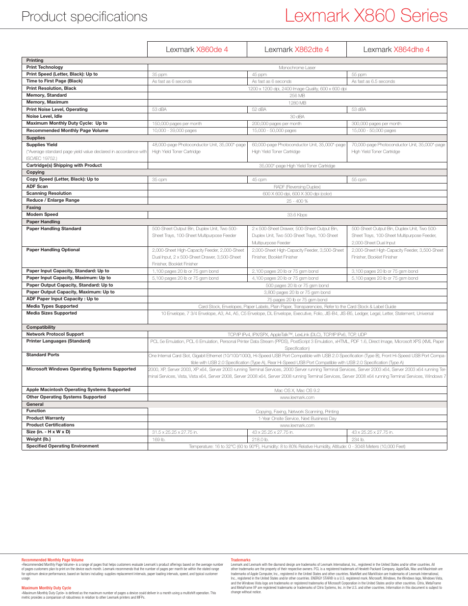 Lexmark x860 series, Product speciﬁcations | Lexmark X860 User Manual | Page 6 / 8