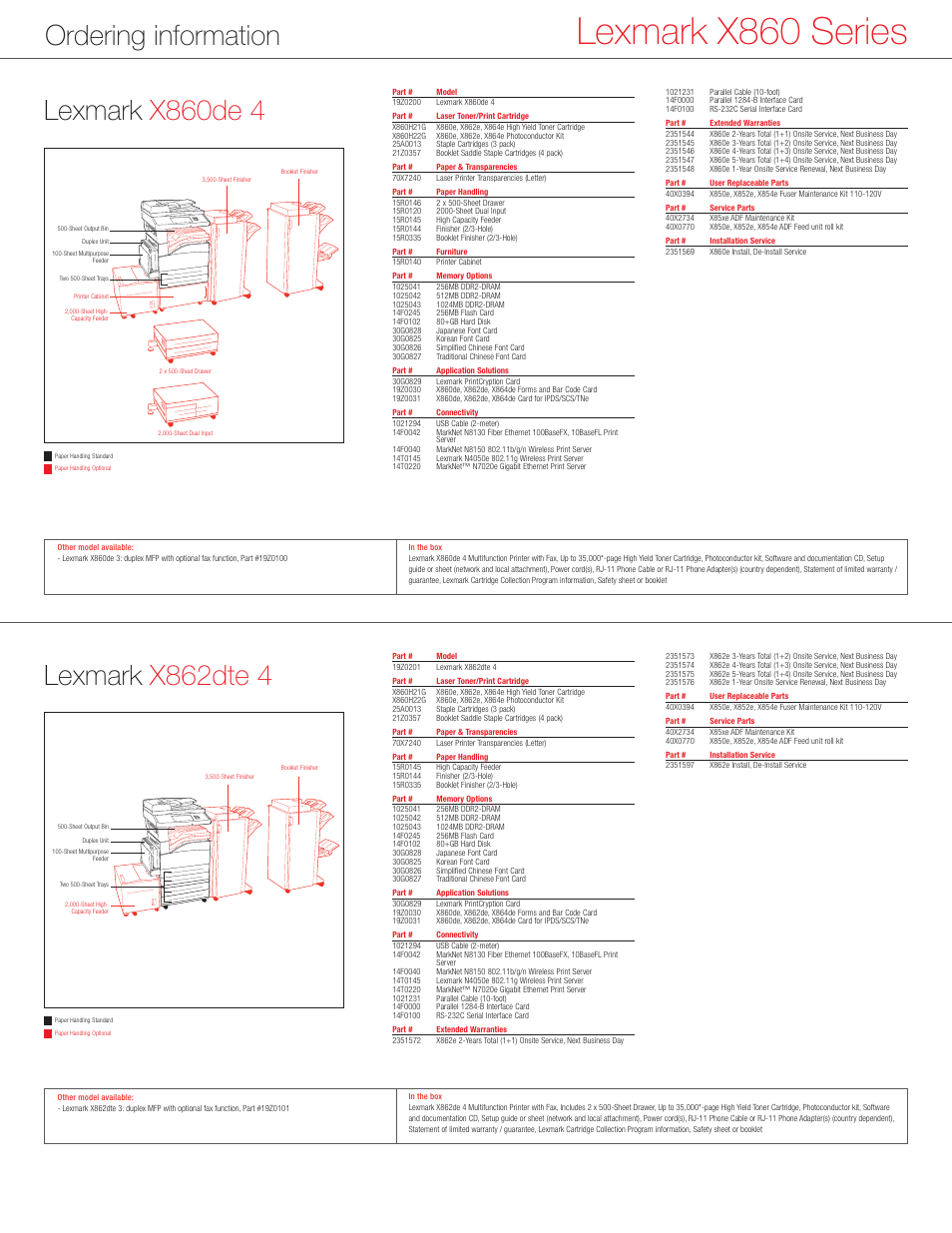 Lexmark x860 series, Ordering information, Lexmark x860de 4 | Lexmark x862dte 4 | Lexmark X860 User Manual | Page 7 / 8