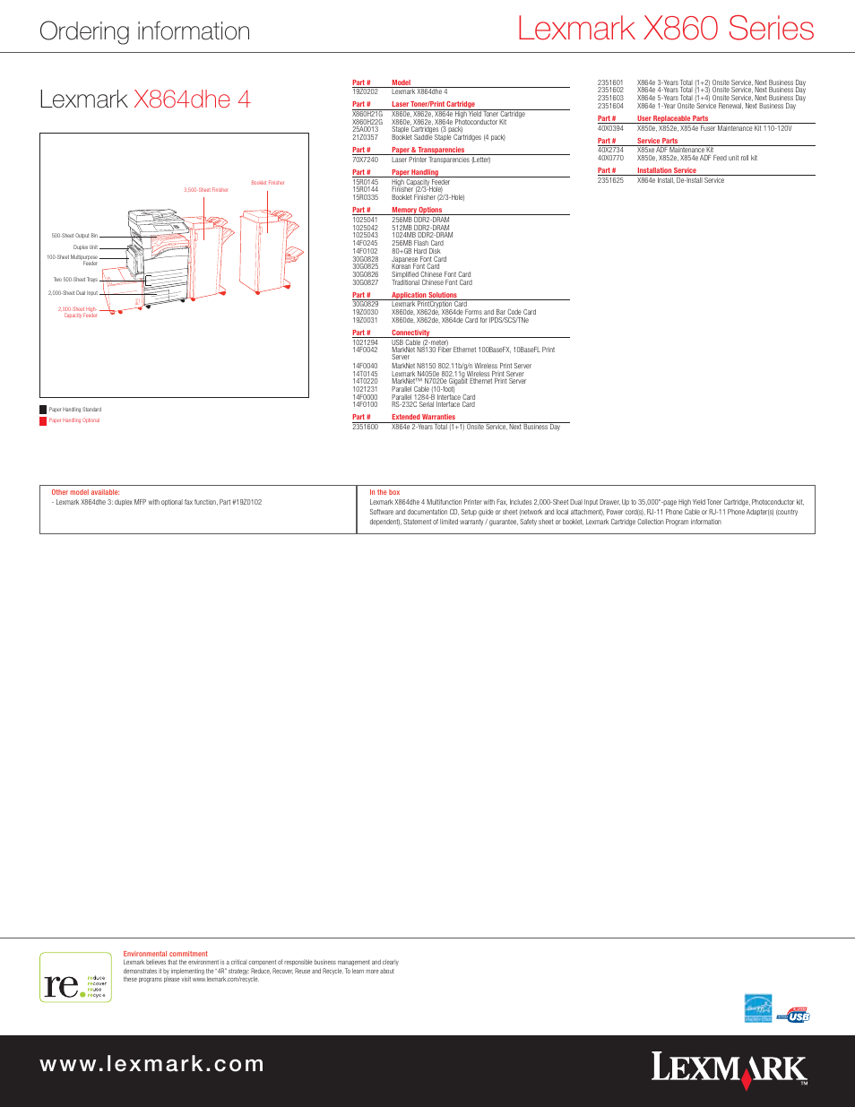 Lexmark x860 series, Ordering information, Lexmark x864dhe 4 | Lexmark X860 User Manual | Page 8 / 8