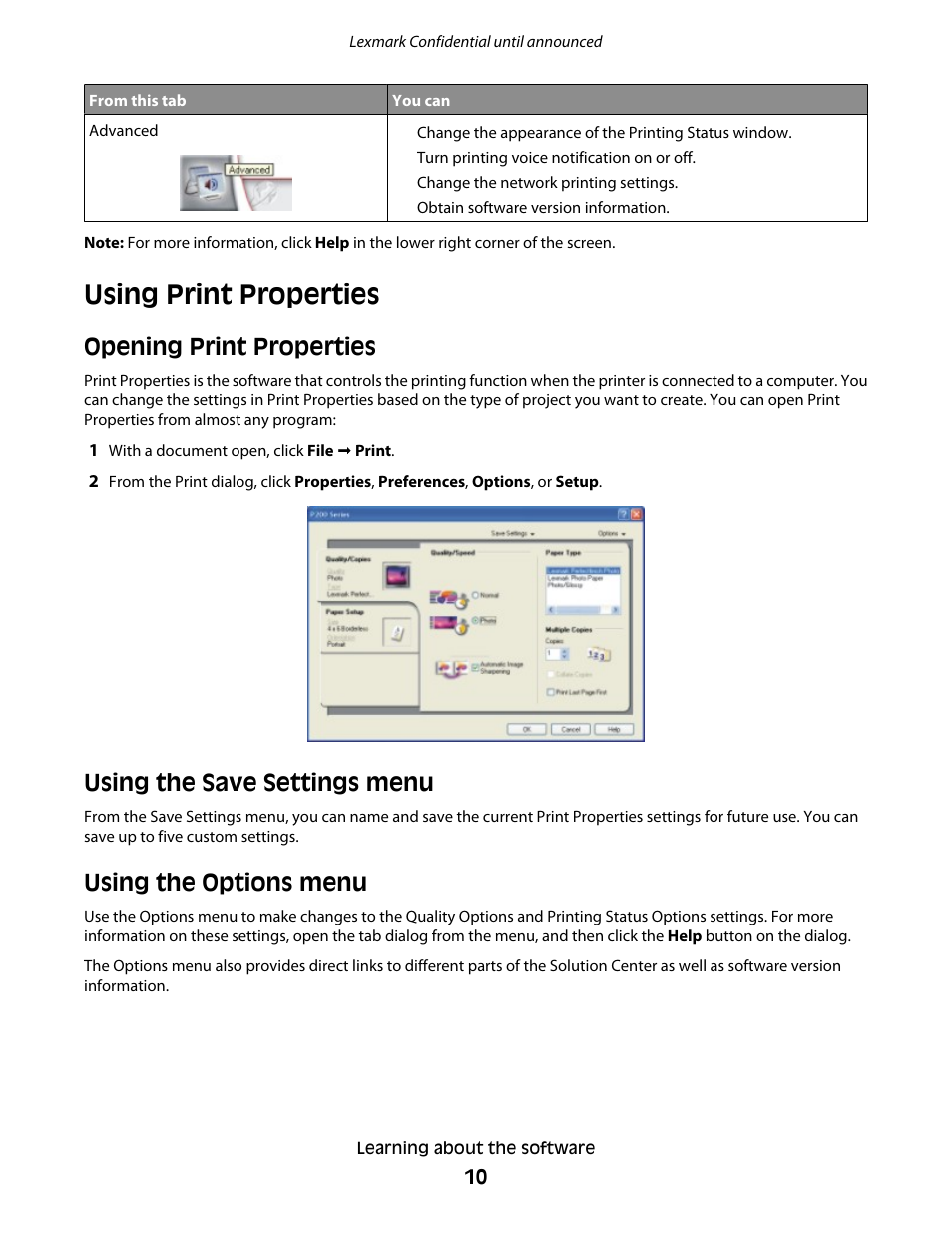 Using print properties, Opening print properties, Using the save settings menu | Using the options menu | Lexmark P200 User Manual | Page 10 / 35