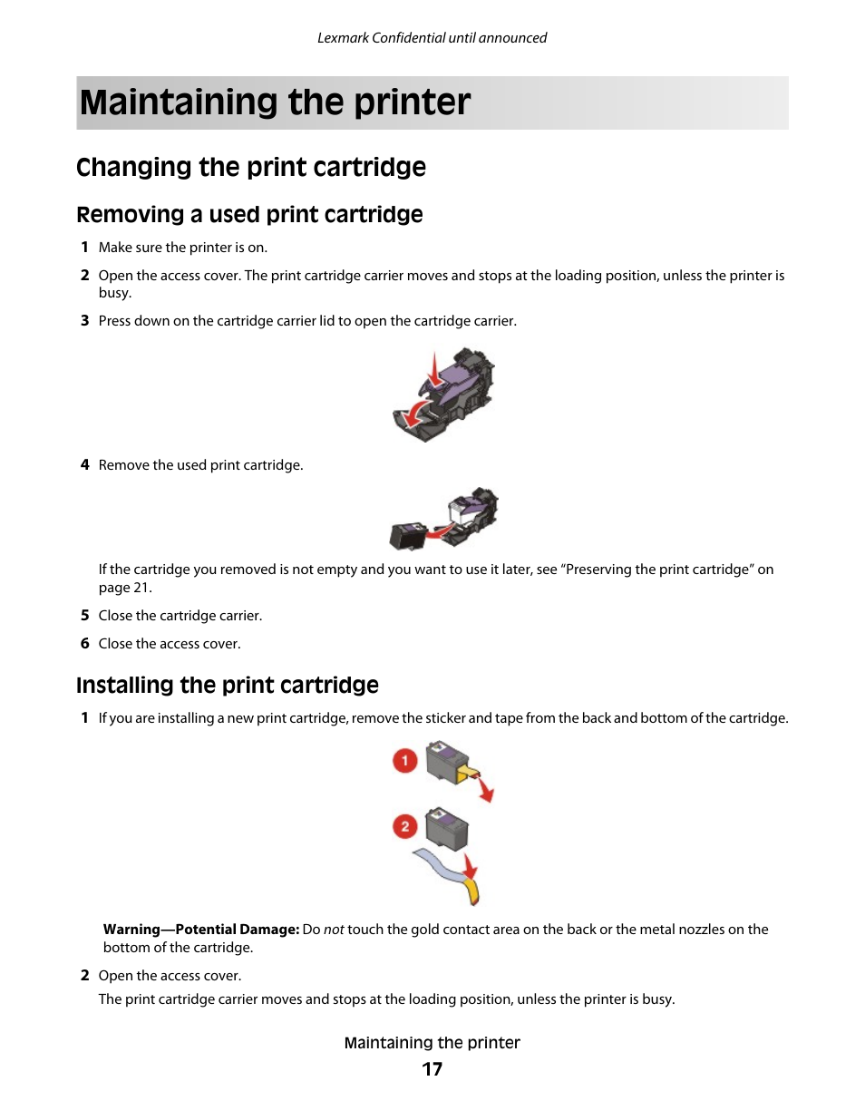 Maintaining the printer, Changing the print cartridge, Removing a used print cartridge | Installing the print cartridge | Lexmark P200 User Manual | Page 17 / 35