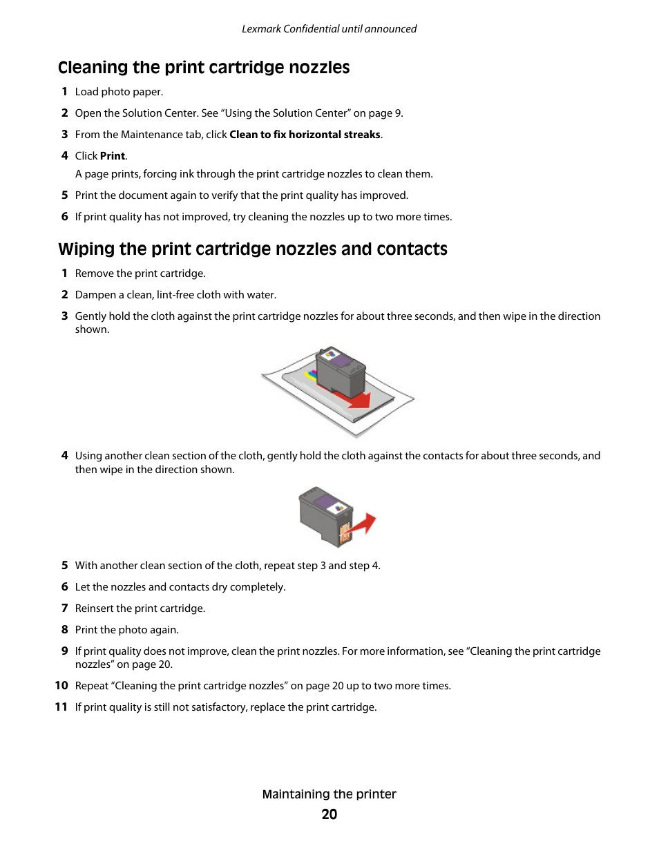 Cleaning the print cartridge nozzles, Wiping the print cartridge nozzles and contacts | Lexmark P200 User Manual | Page 20 / 35