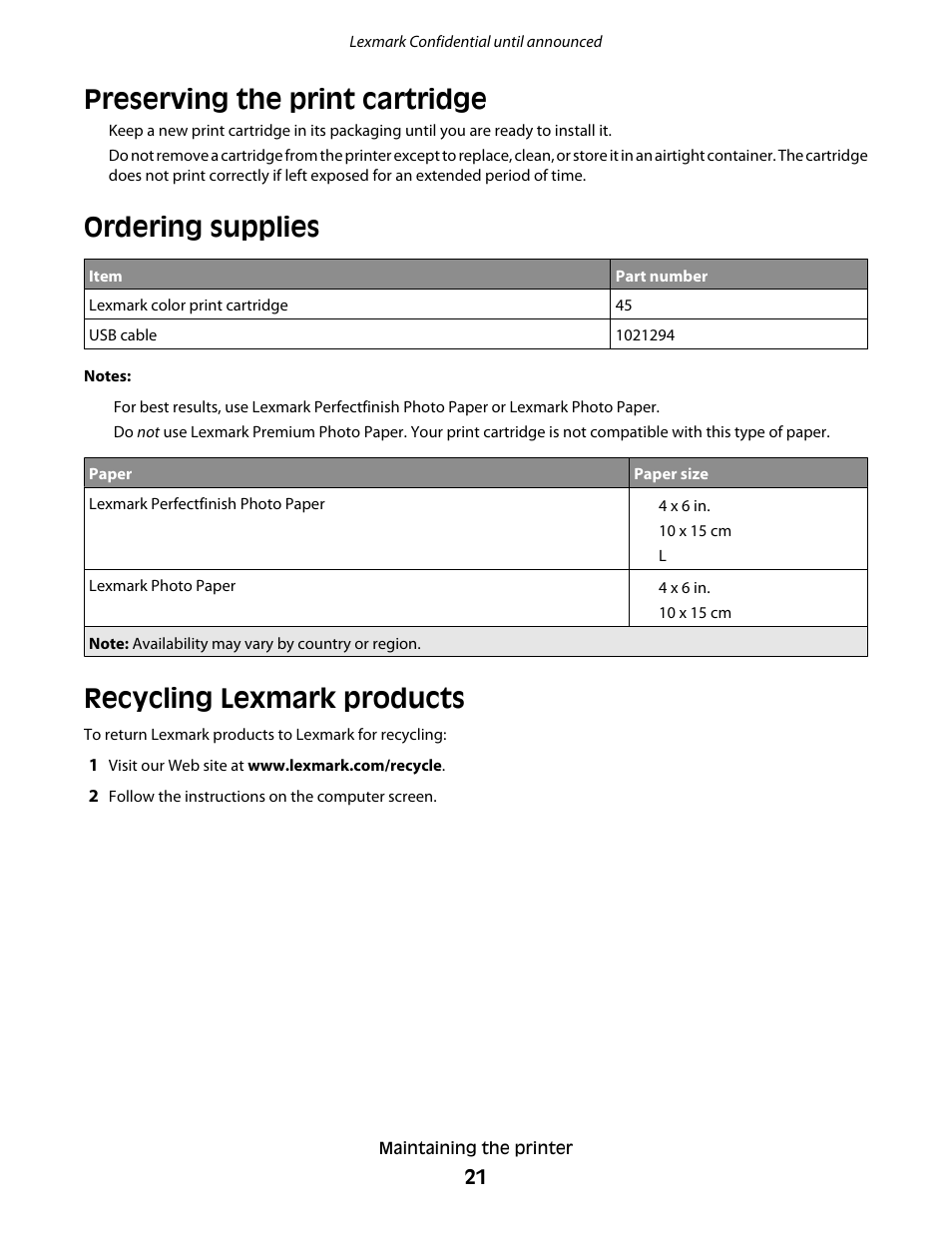 Preserving the print cartridge, Ordering supplies, Recycling lexmark products | Lexmark P200 User Manual | Page 21 / 35