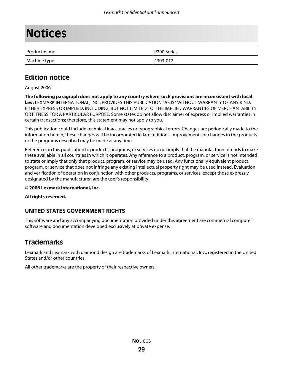 Notices, Edition notice, Trademarks | Lexmark P200 User Manual | Page 29 / 35