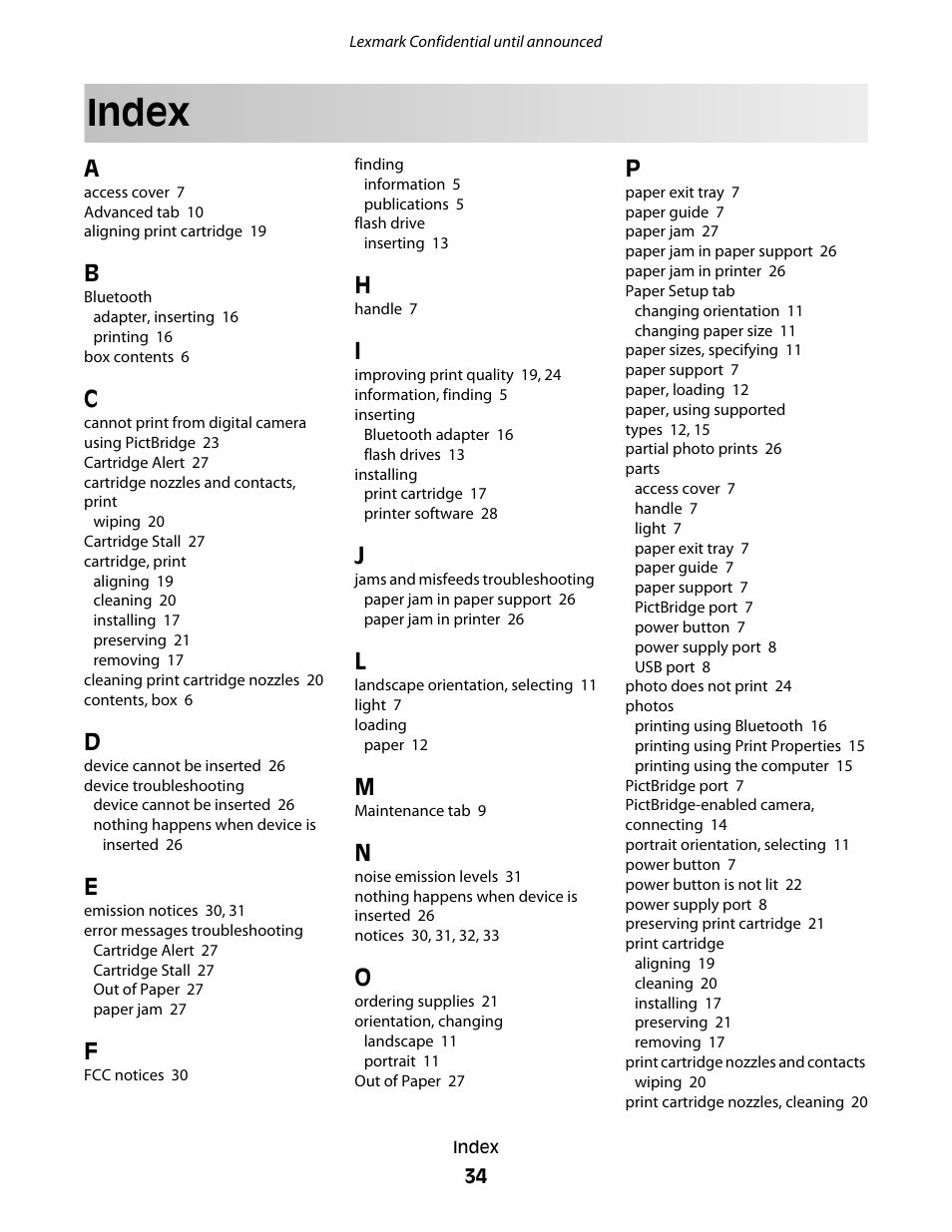 Index | Lexmark P200 User Manual | Page 34 / 35