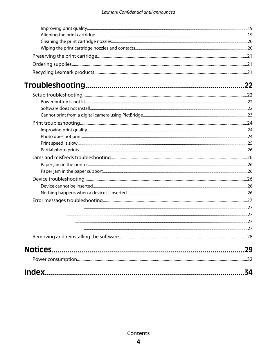Troubleshooting, Notices, Index | Lexmark P200 User Manual | Page 4 / 35