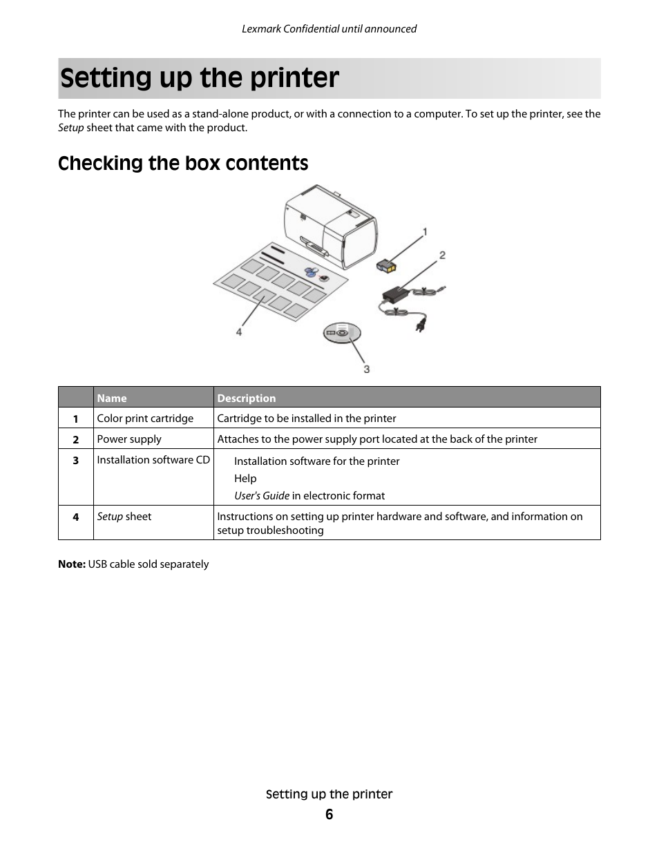 Setting up the printer, Checking the box contents | Lexmark P200 User Manual | Page 6 / 35